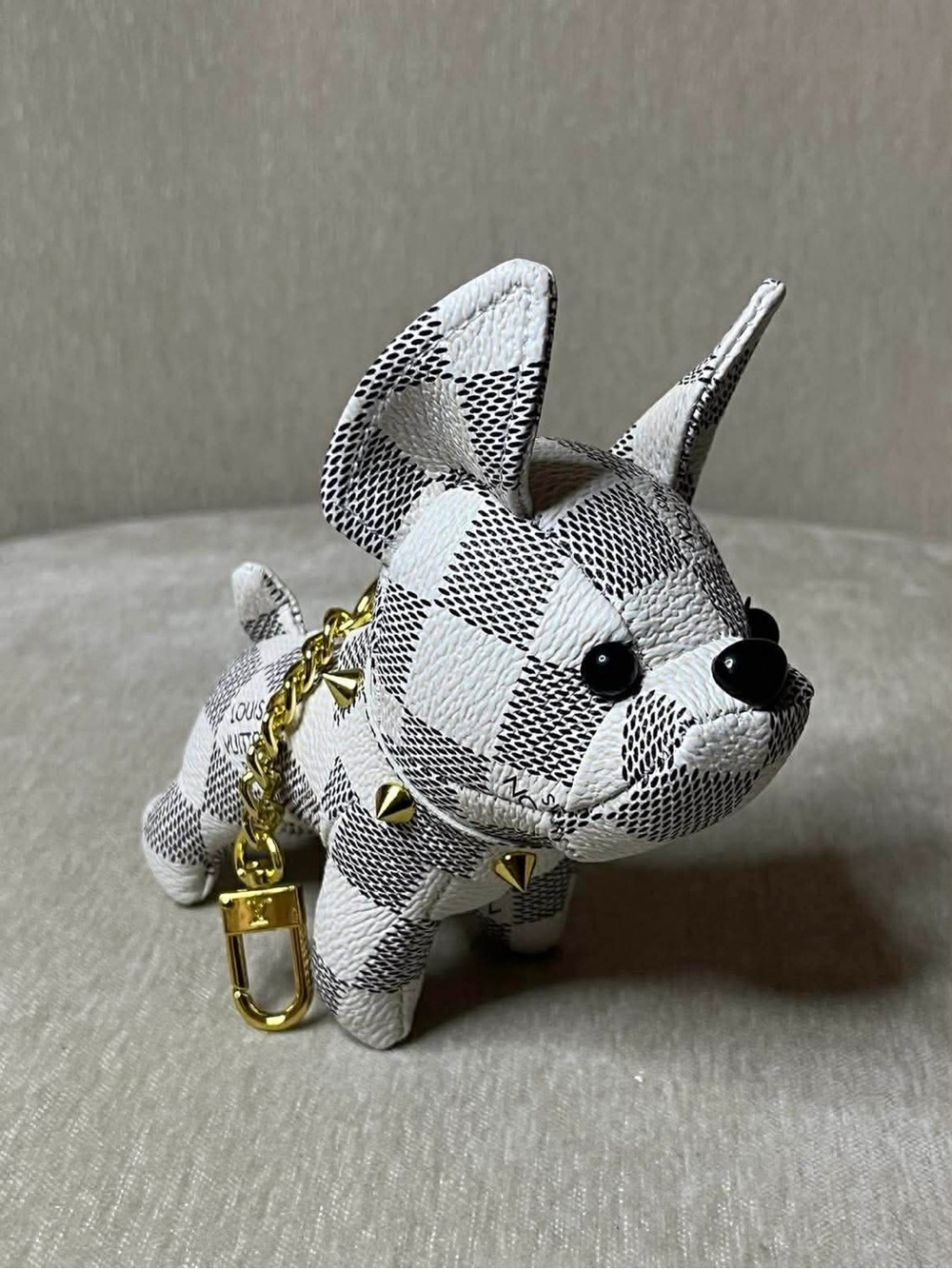 White Damier Pattern Plush Dog Key Charm with Gold Hardware
